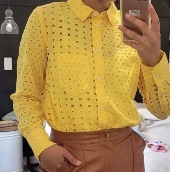 J. Crew Tops - J. Crew Bright Yellow Eyelet Button-Down Shirt Size XS